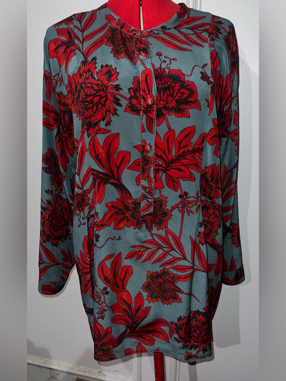 Johnny Was Pete & Greta Salon Floral Print Silk Blouse Tunic Blue & Red size XXL